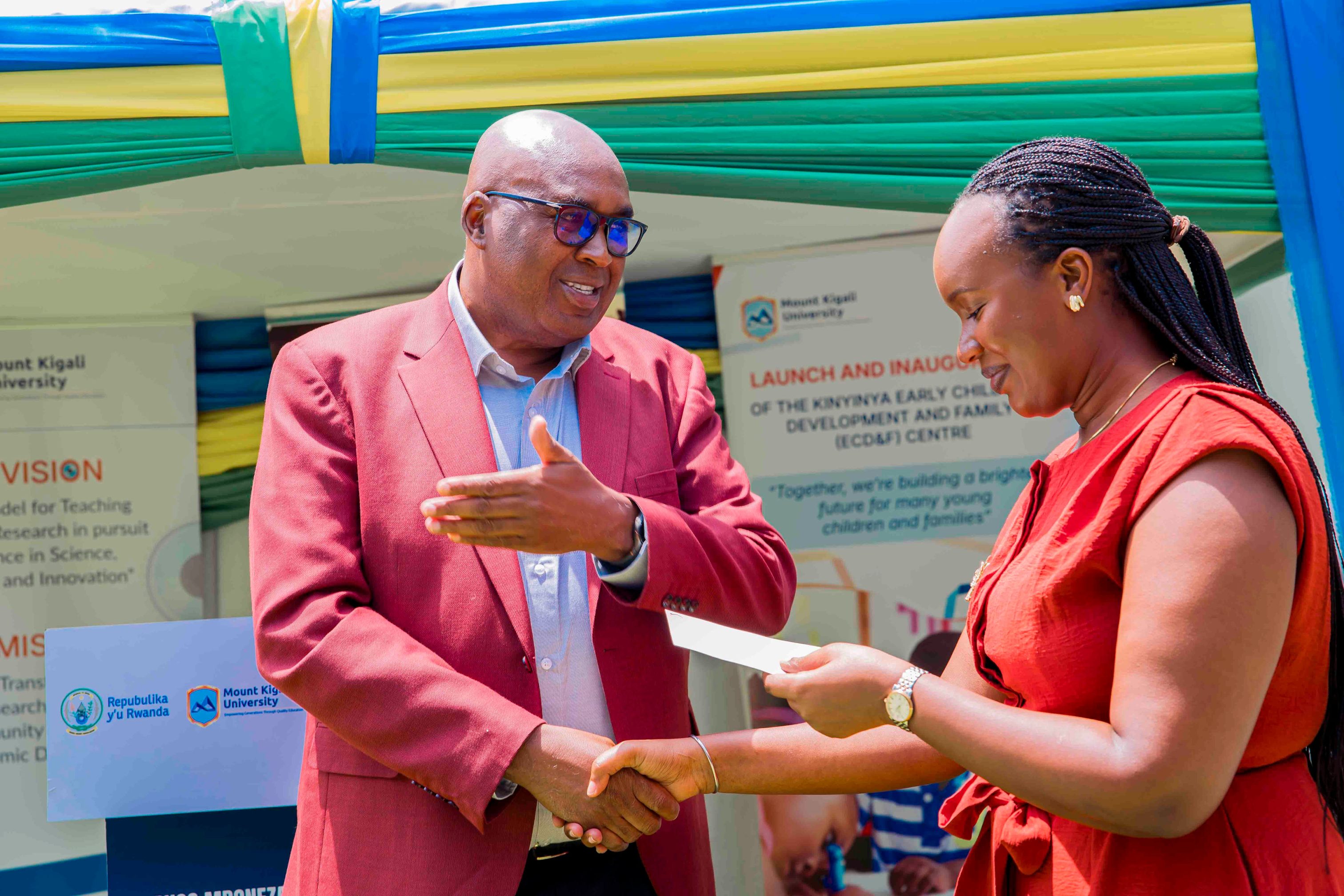 Prof. Simon Gicharu, Founder and Chairman of Mount Kigali University, announces MKU’s commitment of FRW 32.76 million to provide milk to children at the Kinyinya ECD&F Centre for 52 weeks, reaffirming the University’s commitment to the holistic wellbeing of children.