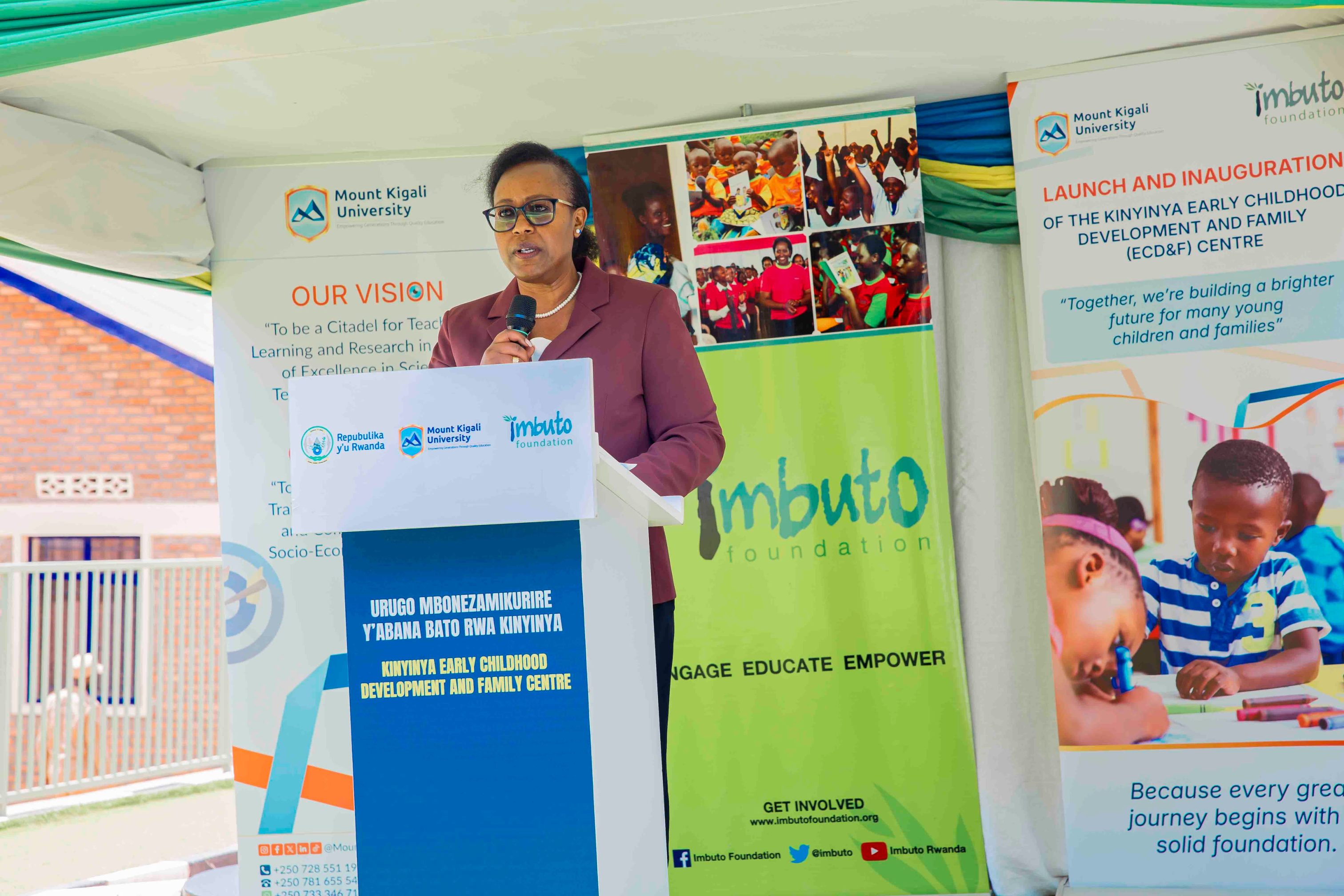 NCDA Director General, Assumpta Ingabire, commends Mount Kigali University for its financial contribution and partnership with Imbuto Foundation during the commissioning of the Kinyinya ECD&F Centre, highlighting the importance of investing in children’s holistic development and welcoming MKU’s support for nutrition and the proposed Smart Classroom initiative.