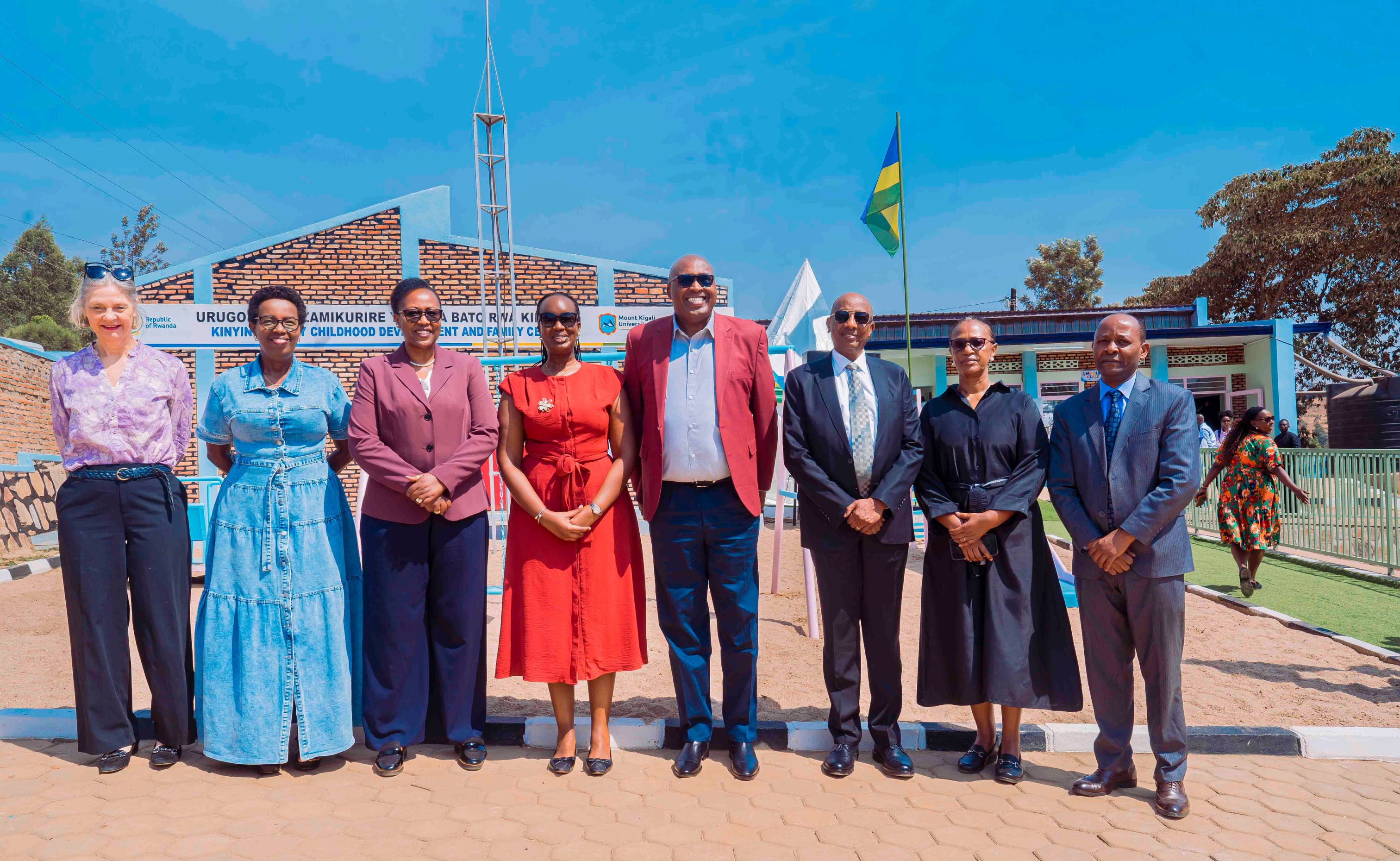 A group photo during the official commissioning of the Kinyinya Early Childhood Development and Family (ECD&F) Centre. From left: UNICEF Rwanda Country Representative; Kigali City Vice Mayor for Socio-Economic Affairs, Urujeni Martine; National Child Development Agency (NCDA) Director General, Assumpta Ingabire; Imbuto Foundation Director General, Elodie Shami; Prof. Simon Gicharu, Founder and Chairman of Mount Kigali University; Chairman of the Mount Kigali University Governing Body, Dr. Innocent Mugisha; a representative; and the Vice-Chancellor of Mount Kigali University.