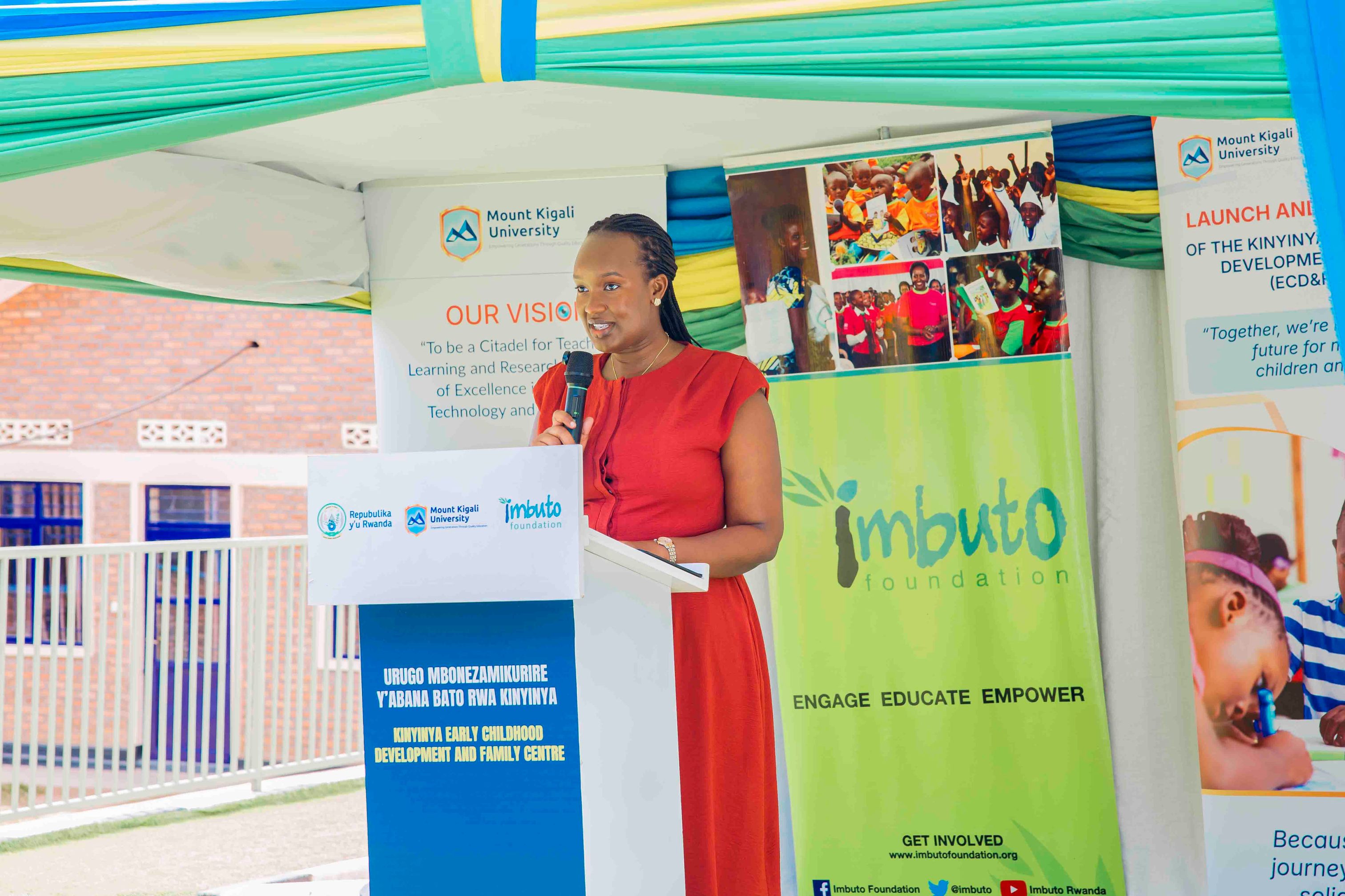 Imbuto Foundation Director General, Elodie Shami, speaks during the commissioning of the Kinyinya ECD&F Centre, highlighting the centre as a safe space where children can learn, play and grow, while recognising the enduring partnership between Imbuto Foundation and Mount Kigali University in advancing early childhood development.