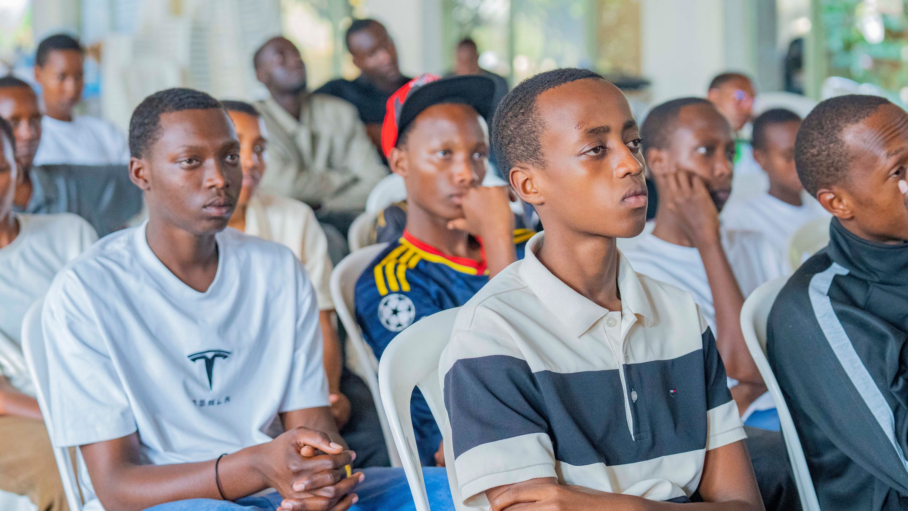High school students take part in the Rise and Speak Rwanda mentorship session at Apebu Nyamata High School, engaging with the activities designed to build confidence, encourage self-expression, and promote effective communication.